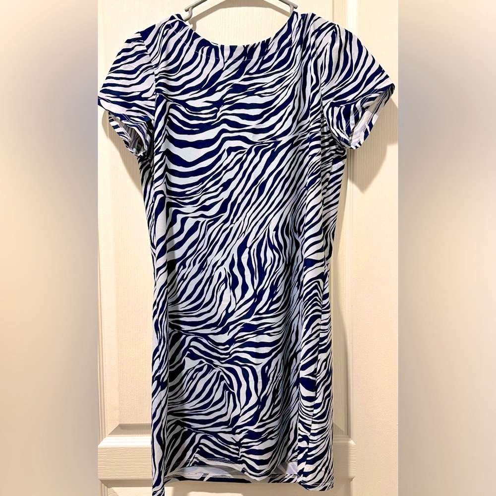 Jude Connally The Ella Shift Mini Dress in Lilac Blue Tiger Stripe ZB1